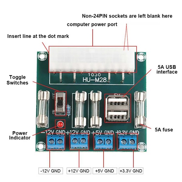 HU-M28 ATX Transfer Card 24 Pin Benchtop Power Board Desktop Power Module with USB Port Support 3.3V/5V/12V/-12V - Image 2
